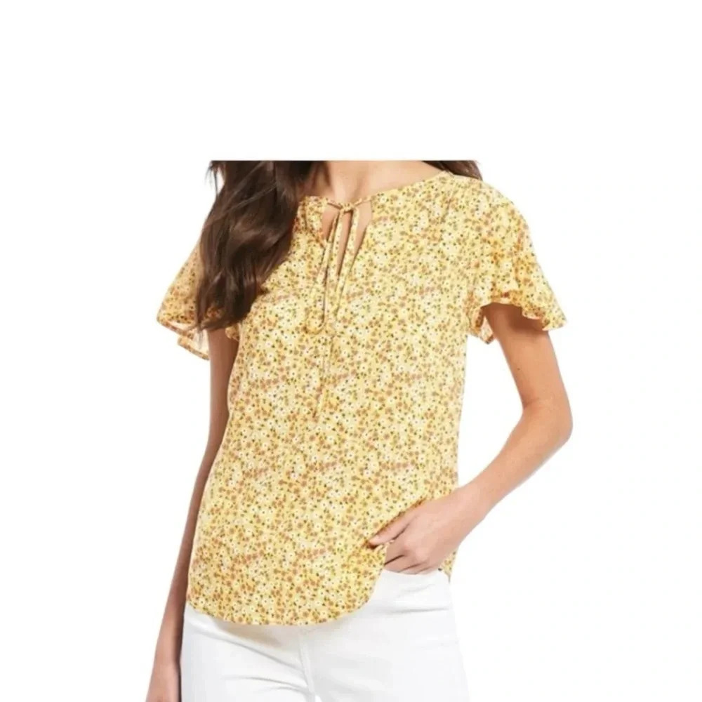 Draper James Yellow Floral Top Tee Blouse Short Sleeve Butterfly Sleeve S